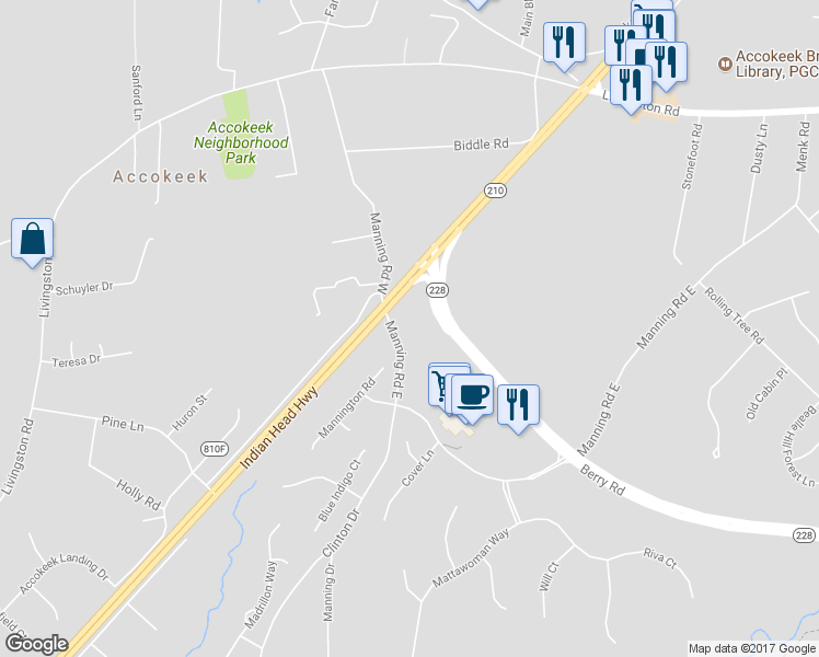 map of restaurants, bars, coffee shops, grocery stores, and more near 717 Manning Road East in Accokeek
