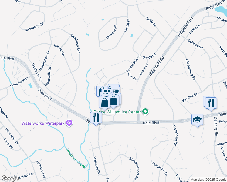 map of restaurants, bars, coffee shops, grocery stores, and more near 5302 Qualey Place in Woodbridge