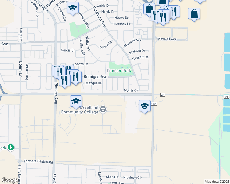 map of restaurants, bars, coffee shops, grocery stores, and more near 1056 Leake Circle in Woodland
