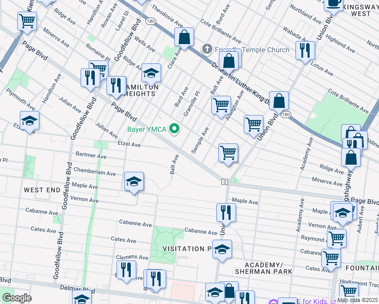 map of restaurants, bars, coffee shops, grocery stores, and more near 5437 Page Boulevard in St. Louis