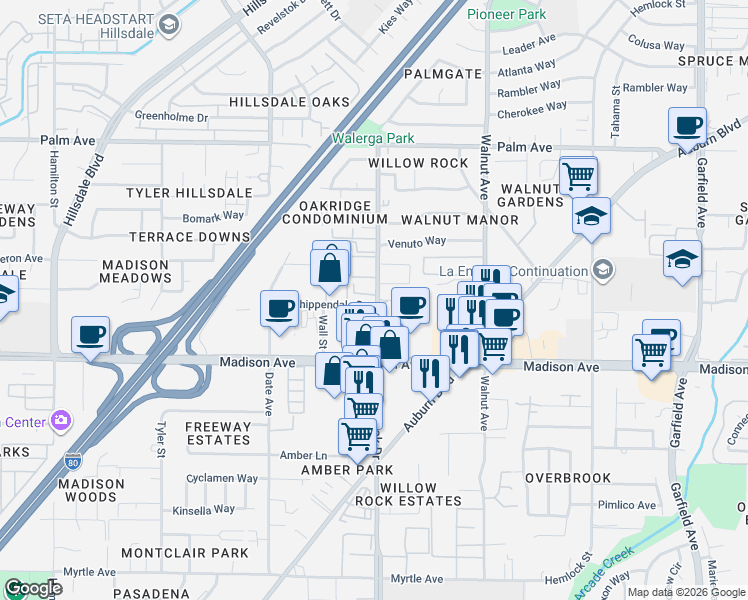 map of restaurants, bars, coffee shops, grocery stores, and more near 5242 College Oak Drive in Sacramento