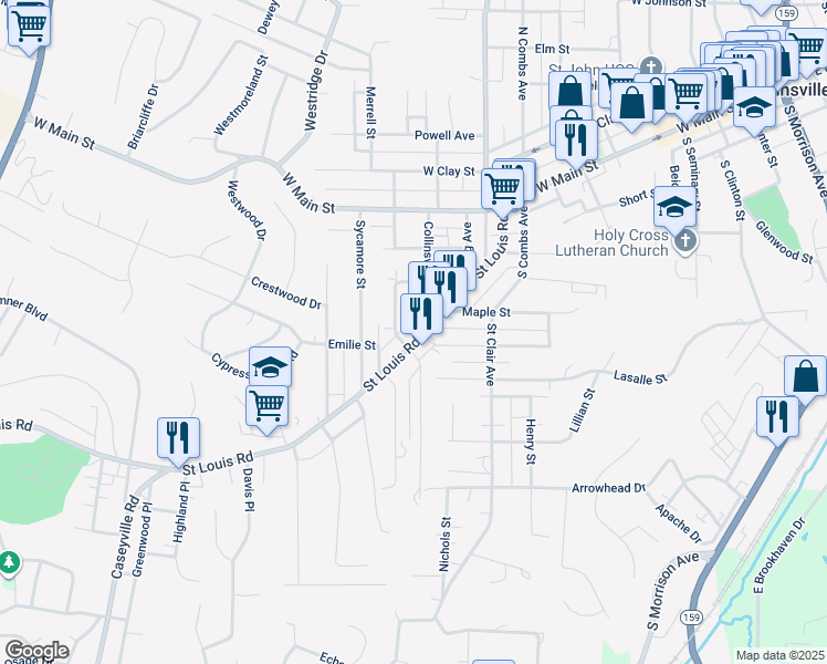 map of restaurants, bars, coffee shops, grocery stores, and more near 406 Saint Louis Road in Collinsville