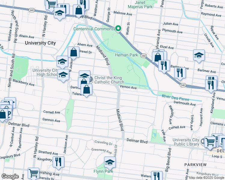 map of restaurants, bars, coffee shops, grocery stores, and more near 7224 Dartmouth Avenue in University City