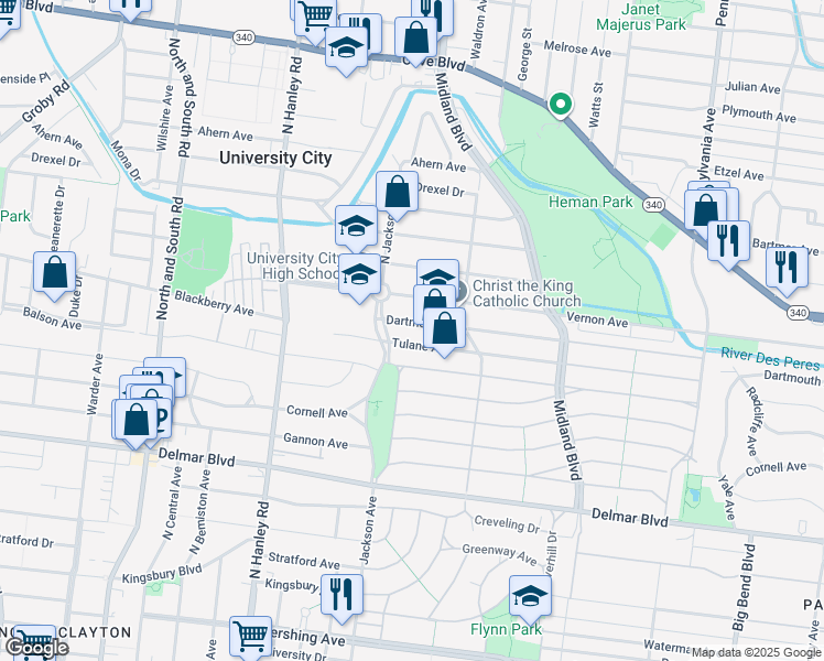 map of restaurants, bars, coffee shops, grocery stores, and more near 7353 Tulane Avenue in University City