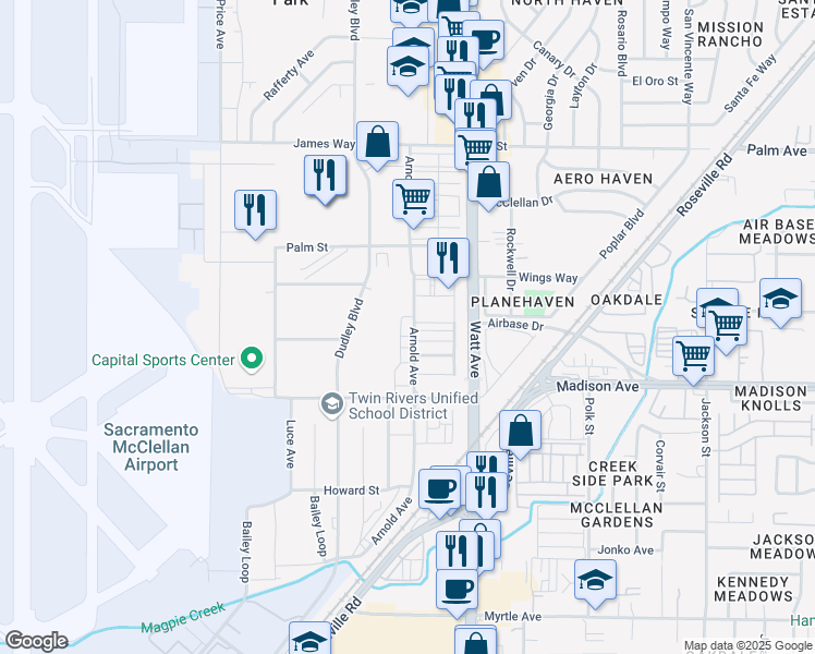 map of restaurants, bars, coffee shops, grocery stores, and more near 5241 Arnold Avenue in McClellan Park