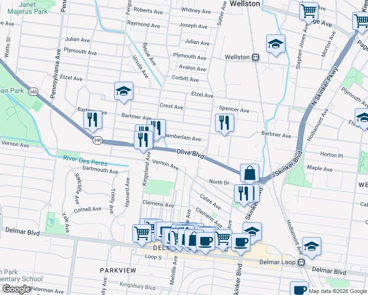 map of restaurants, bars, coffee shops, grocery stores, and more near in University City