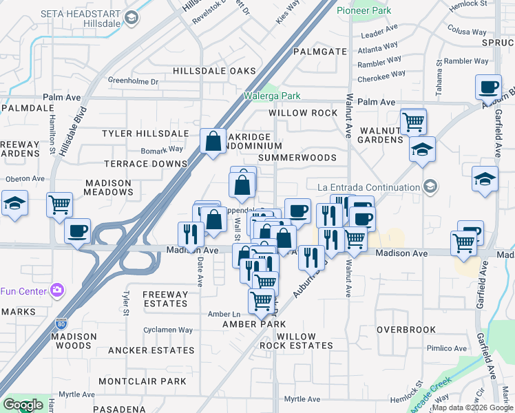 map of restaurants, bars, coffee shops, grocery stores, and more near 5249 College Oak Drive in Sacramento