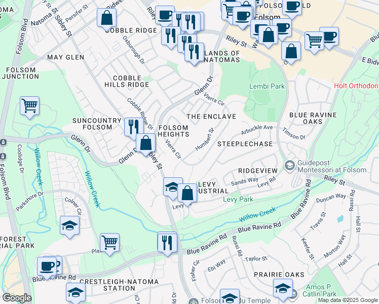 map of restaurants, bars, coffee shops, grocery stores, and more near 613 Humbert Street in Folsom