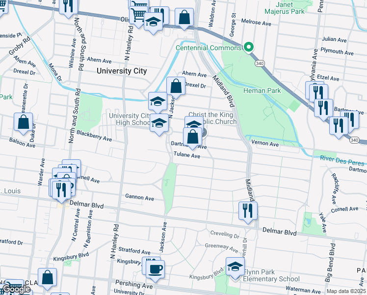 map of restaurants, bars, coffee shops, grocery stores, and more near 7344 Dartmouth Avenue in University City