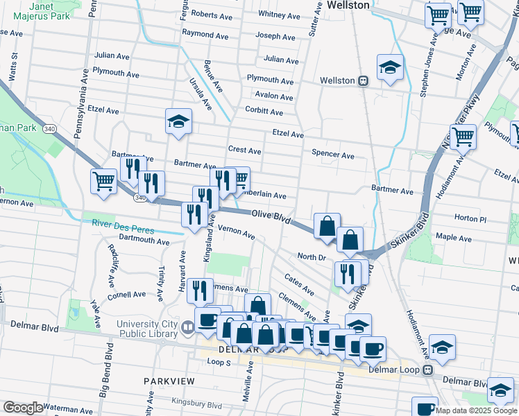 map of restaurants, bars, coffee shops, grocery stores, and more near in University City