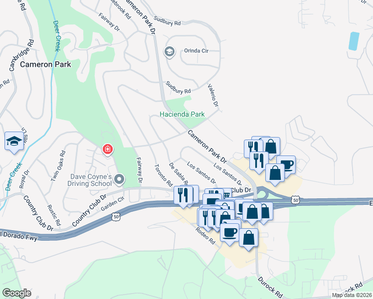 map of restaurants, bars, coffee shops, grocery stores, and more near 3800 Los Santos Drive in Cameron Park
