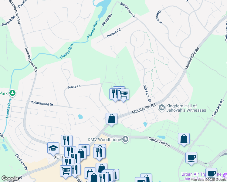 map of restaurants, bars, coffee shops, grocery stores, and more near 13493 Fowke Lane in Woodbridge