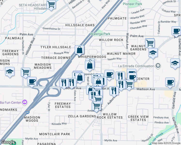 map of restaurants, bars, coffee shops, grocery stores, and more near 5241 Wall Street in Sacramento