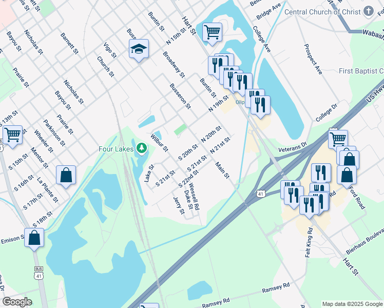 map of restaurants, bars, coffee shops, grocery stores, and more near 20 South 20th Street in Vincennes
