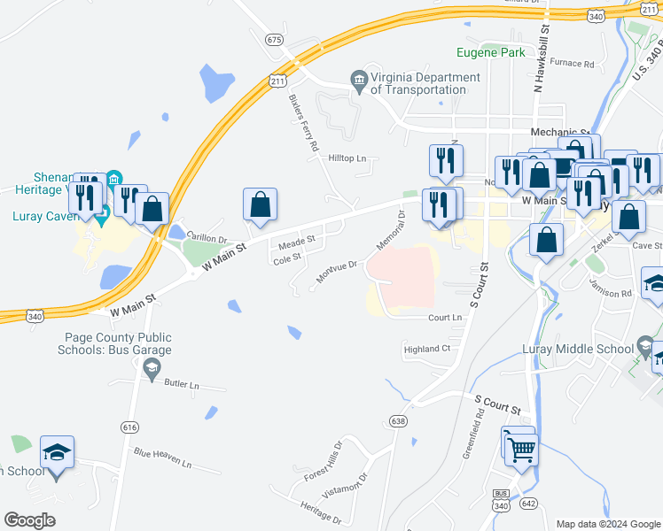 map of restaurants, bars, coffee shops, grocery stores, and more near 30 Montvue Drive in Luray