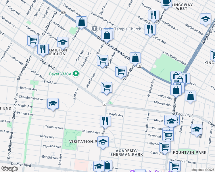 map of restaurants, bars, coffee shops, grocery stores, and more near 5300 Minerva Avenue in St. Louis