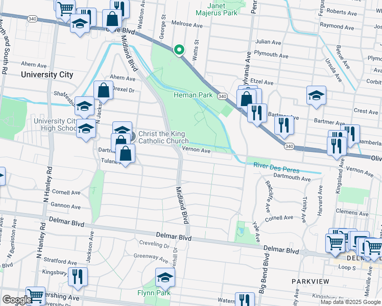 map of restaurants, bars, coffee shops, grocery stores, and more near 912 Midland Boulevard in University City