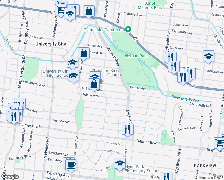 map of restaurants, bars, coffee shops, grocery stores, and more near 7255 Tulane Avenue in University City