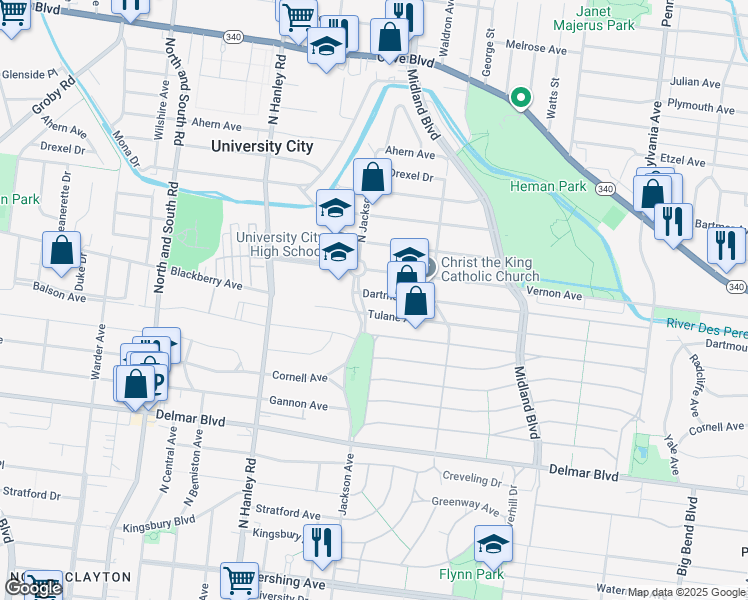 map of restaurants, bars, coffee shops, grocery stores, and more near 7353 Tulane Avenue in University City