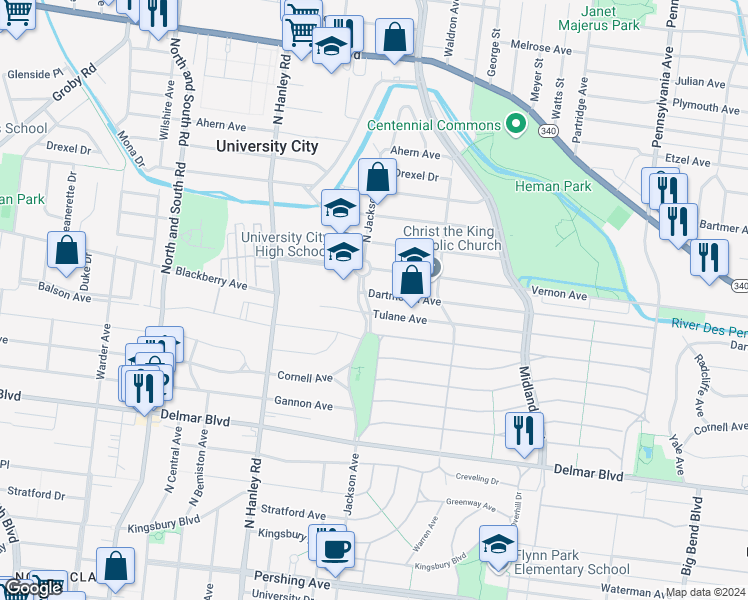 map of restaurants, bars, coffee shops, grocery stores, and more near 845 Jackson Avenue in University City