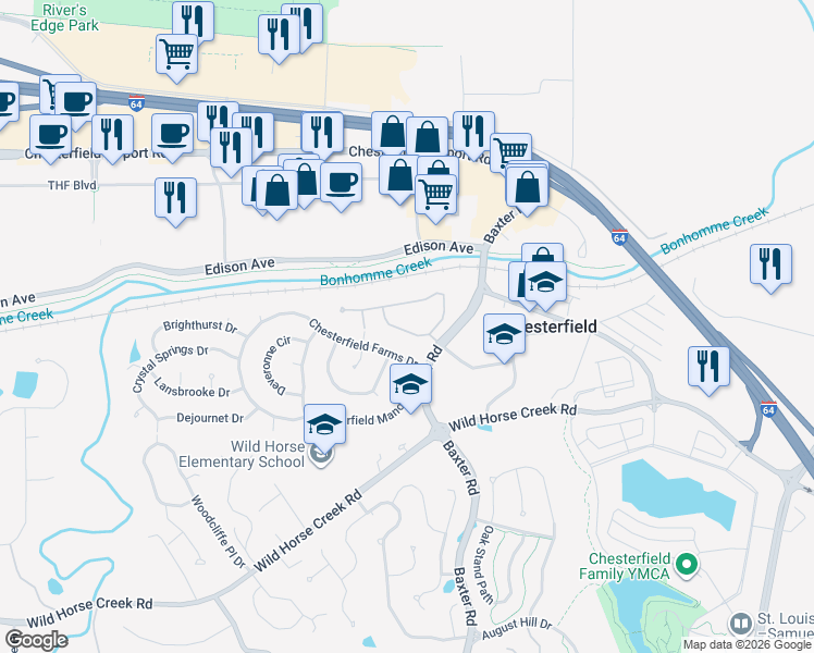 map of restaurants, bars, coffee shops, grocery stores, and more near 137 Chesterfield Bluffs Drive in Chesterfield