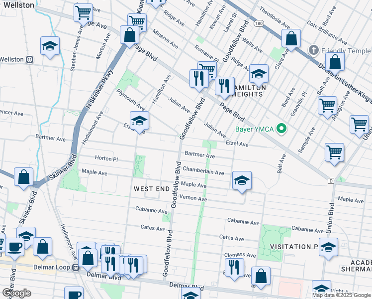 map of restaurants, bars, coffee shops, grocery stores, and more near 5748 Bartmer Avenue in St. Louis