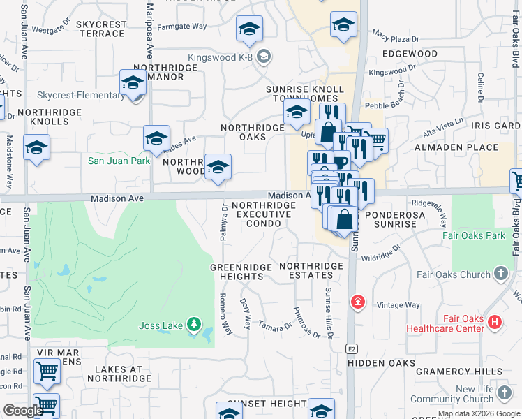 map of restaurants, bars, coffee shops, grocery stores, and more near 5333 Primrose Drive in Fair Oaks