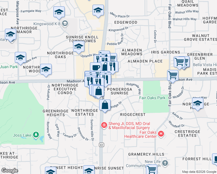 map of restaurants, bars, coffee shops, grocery stores, and more near 5311 Terrace Oak Circle in Fair Oaks