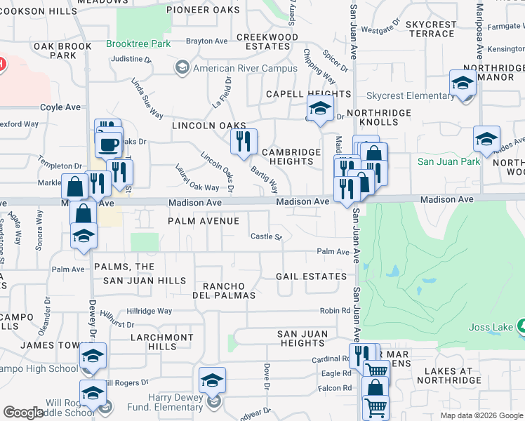 map of restaurants, bars, coffee shops, grocery stores, and more near 5338 Elsinore Way in Fair Oaks
