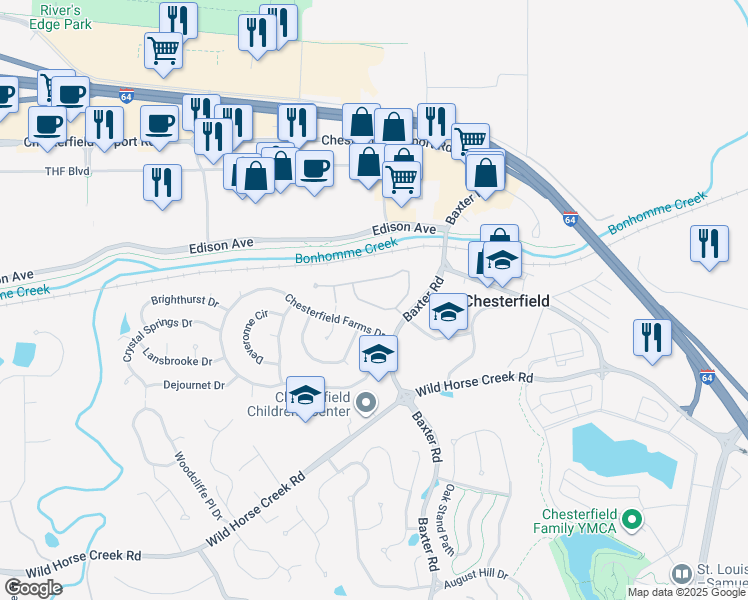 map of restaurants, bars, coffee shops, grocery stores, and more near 137 Chesterfield Bluffs Drive in Chesterfield