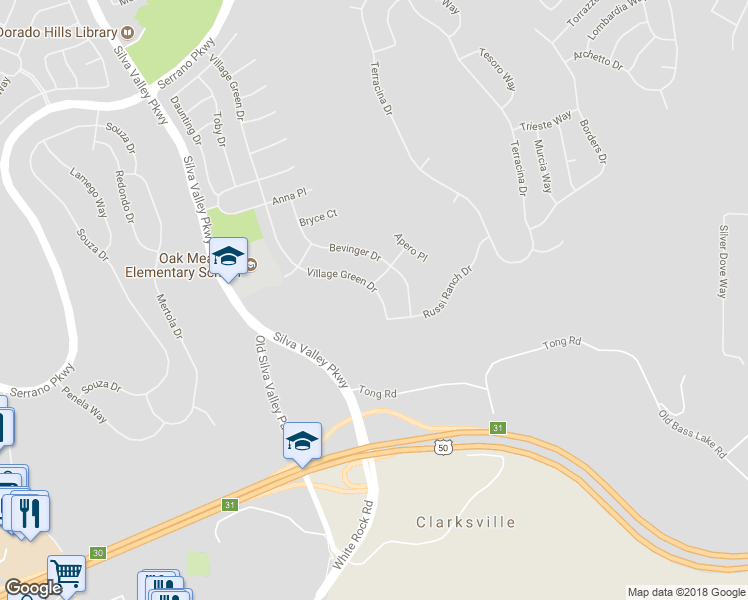 map of restaurants, bars, coffee shops, grocery stores, and more near 4924 Village Green Drive in El Dorado Hills