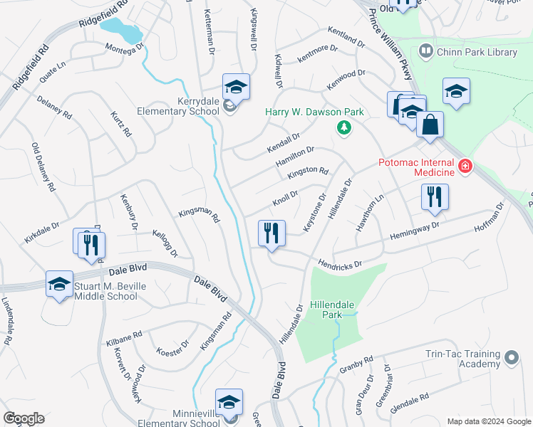 map of restaurants, bars, coffee shops, grocery stores, and more near 13300 Knoll Court in Woodbridge