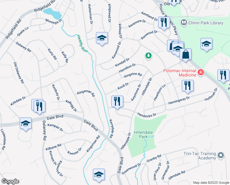 map of restaurants, bars, coffee shops, grocery stores, and more near 13300 Knoll Court in Woodbridge