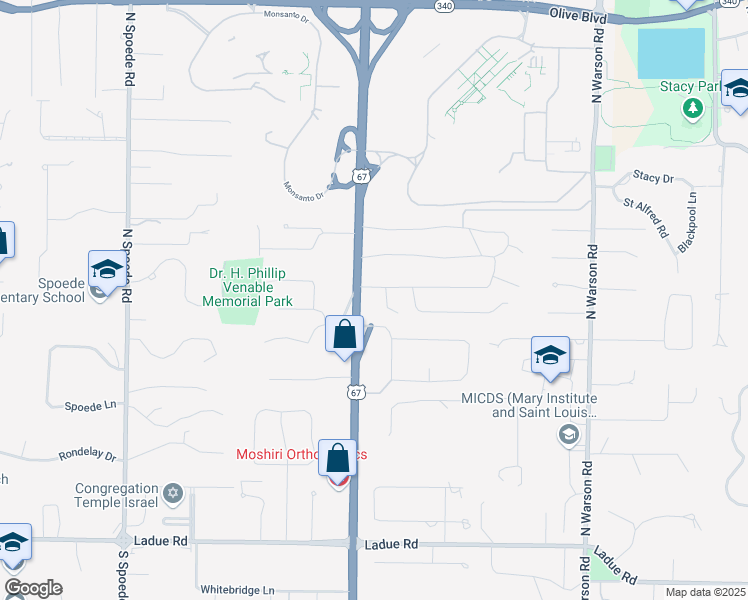 map of restaurants, bars, coffee shops, grocery stores, and more near 450 North Lindbergh Boulevard in Creve Coeur