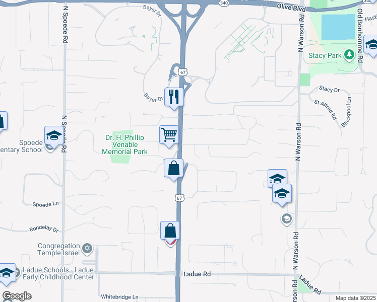 map of restaurants, bars, coffee shops, grocery stores, and more near 450 North Lindbergh Boulevard in Creve Coeur