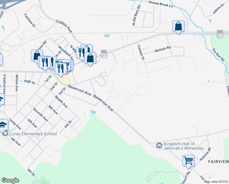 map of restaurants, bars, coffee shops, grocery stores, and more near 101 Madison Lane in Luray