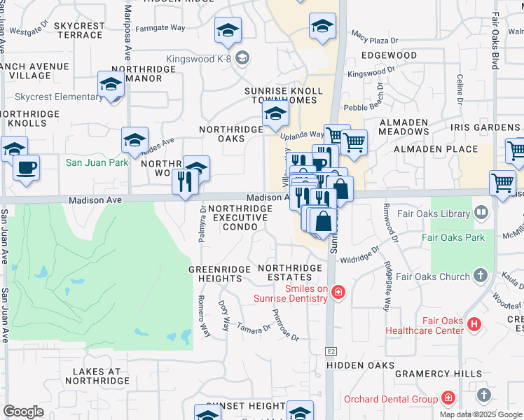 map of restaurants, bars, coffee shops, grocery stores, and more near 5310 Primrose Drive in Fair Oaks