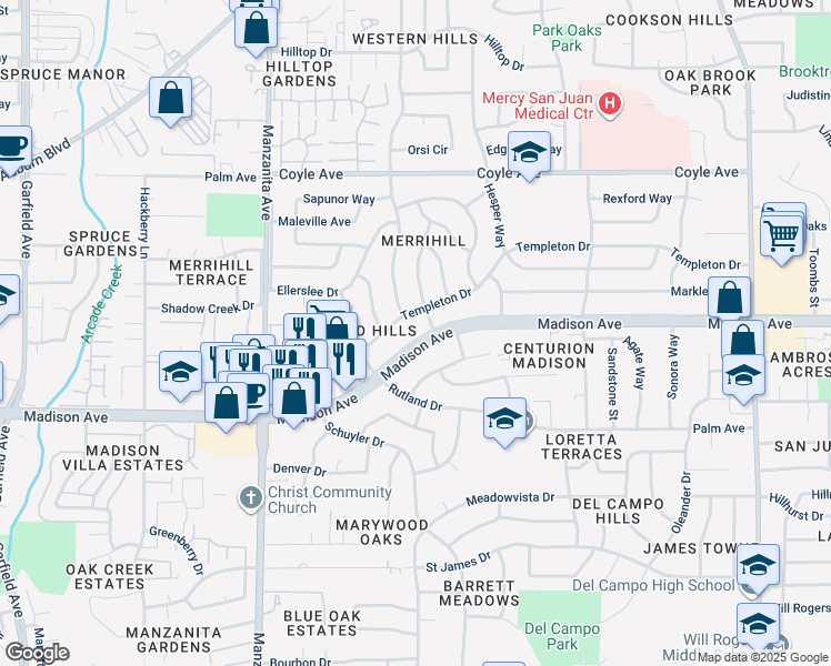 map of restaurants, bars, coffee shops, grocery stores, and more near 6124 Madison Avenue in Carmichael