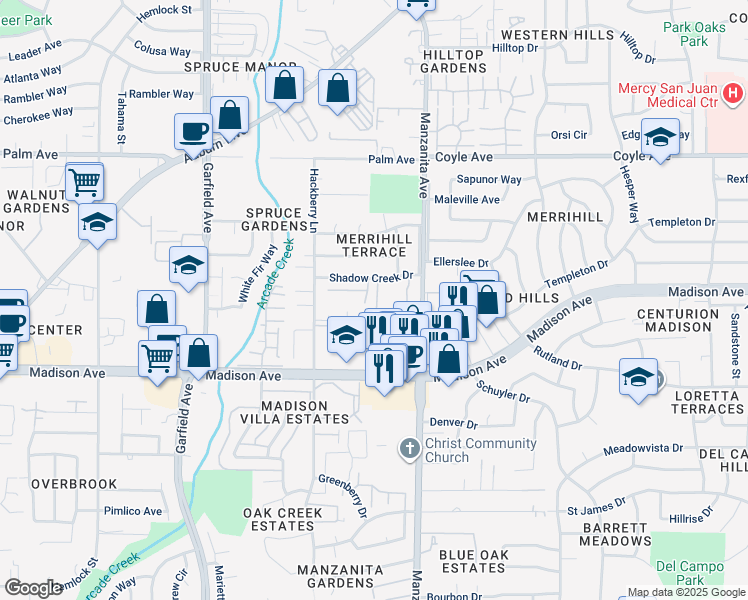 map of restaurants, bars, coffee shops, grocery stores, and more near 5816 Peppermill Court in Sacramento