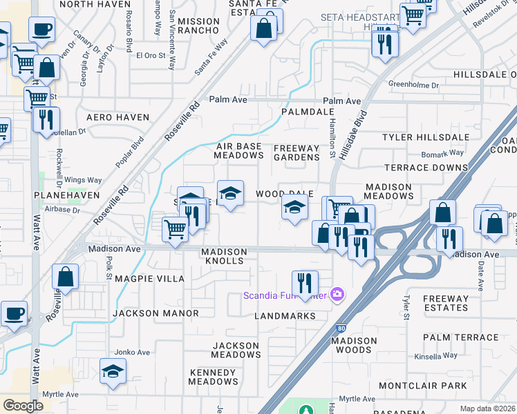 map of restaurants, bars, coffee shops, grocery stores, and more near 5241 Harrison Street in North Highlands