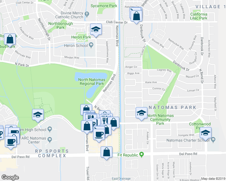 map of restaurants, bars, coffee shops, grocery stores, and more near 4850 Natomas Boulevard in Sacramento