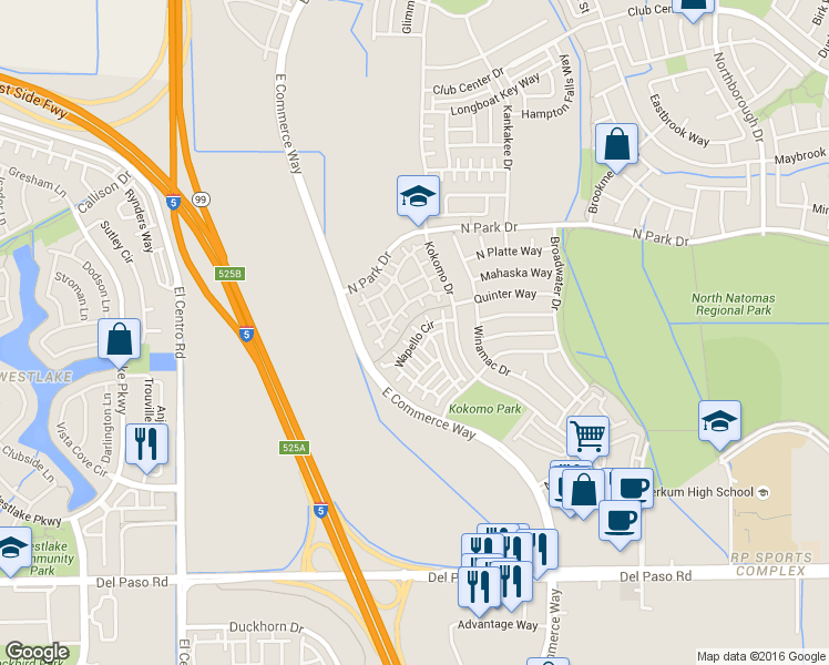 map of restaurants, bars, coffee shops, grocery stores, and more near 360 Wapello Circle in Sacramento