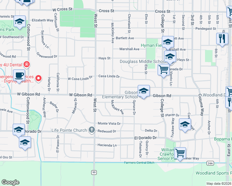 map of restaurants, bars, coffee shops, grocery stores, and more near 1306 McKinley Avenue in Woodland