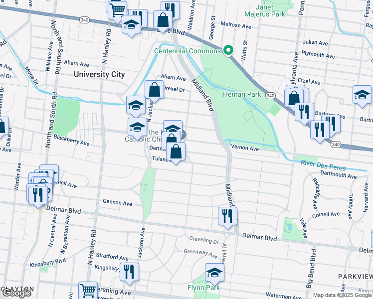 map of restaurants, bars, coffee shops, grocery stores, and more near 7323 Tulane Avenue in University City