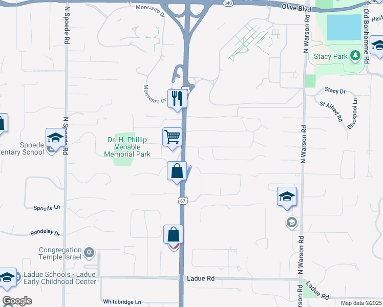 map of restaurants, bars, coffee shops, grocery stores, and more near 400 U.S. 67 in Creve Coeur