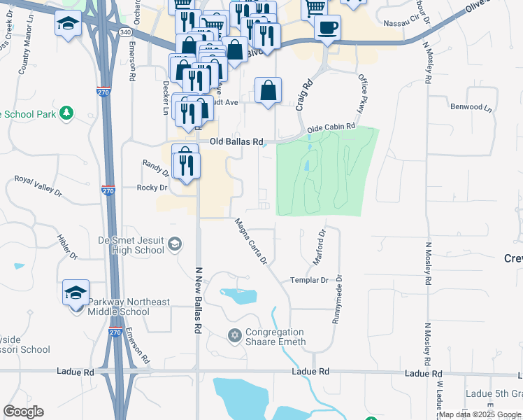 map of restaurants, bars, coffee shops, grocery stores, and more near 11617 Larkmont Drive in Creve Coeur