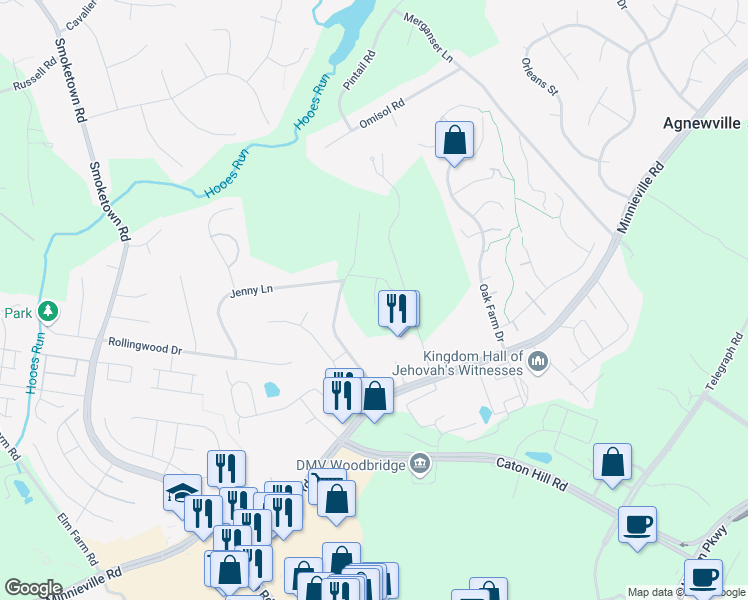 map of restaurants, bars, coffee shops, grocery stores, and more near 13493 Fowke Lane in Woodbridge