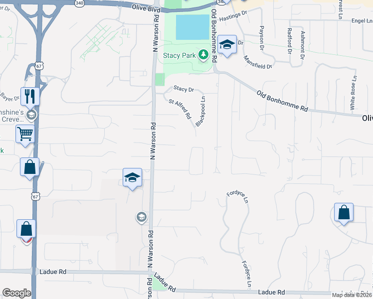 map of restaurants, bars, coffee shops, grocery stores, and more near 25 Nantucket Lane in Olivette