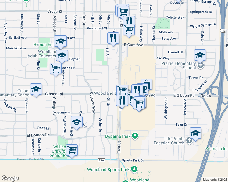 map of restaurants, bars, coffee shops, grocery stores, and more near 1405 6th Street in Woodland