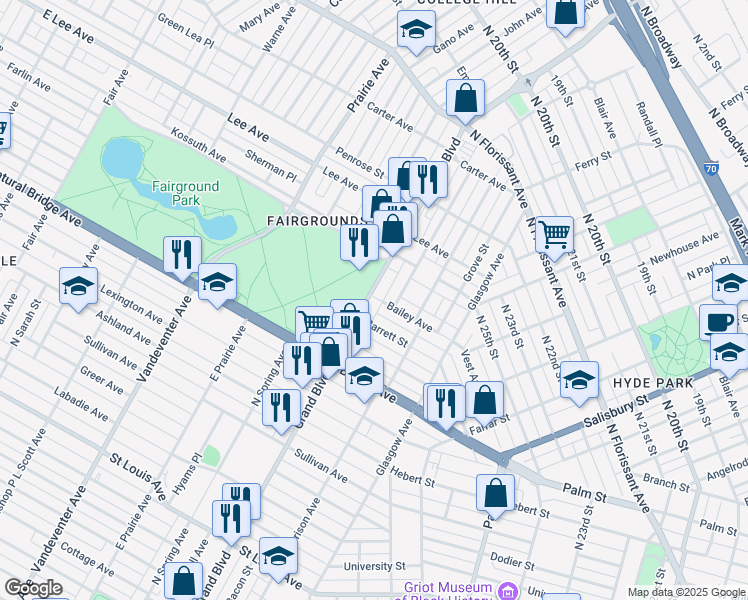 map of restaurants, bars, coffee shops, grocery stores, and more near 3954 North Grand Boulevard in St. Louis